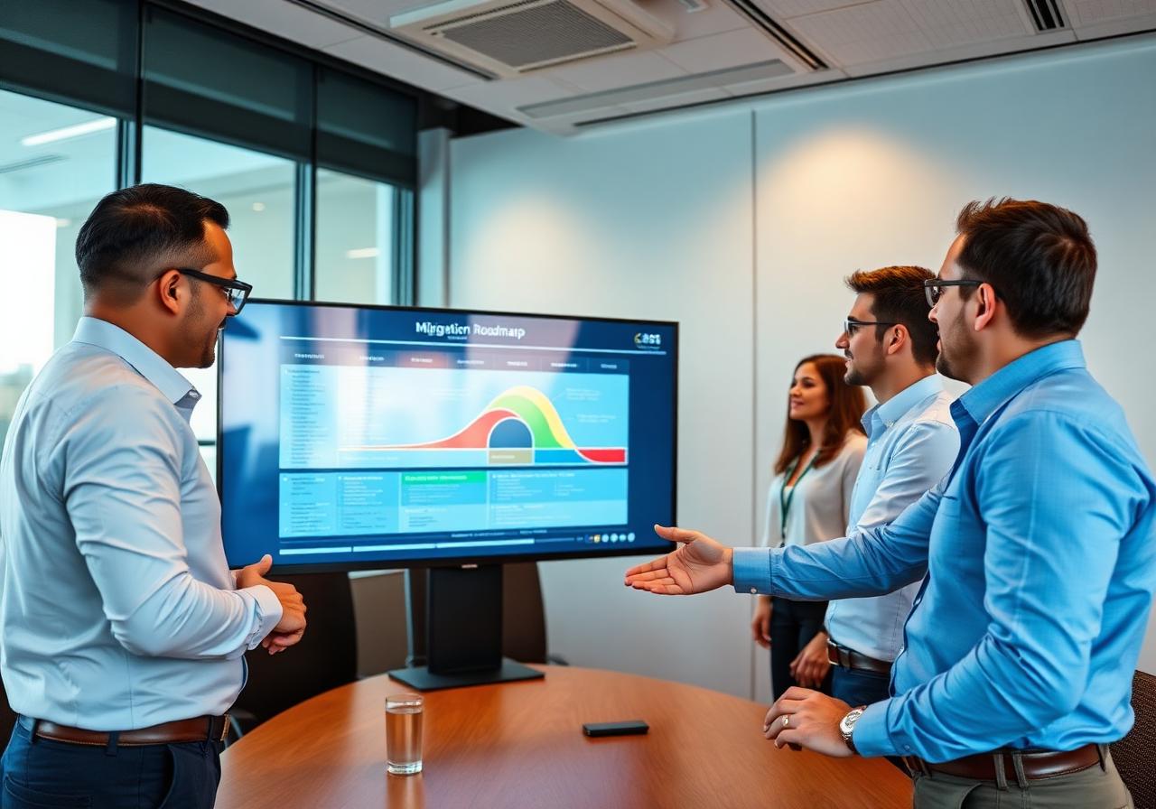 Consulting team reviewing migration roadmap